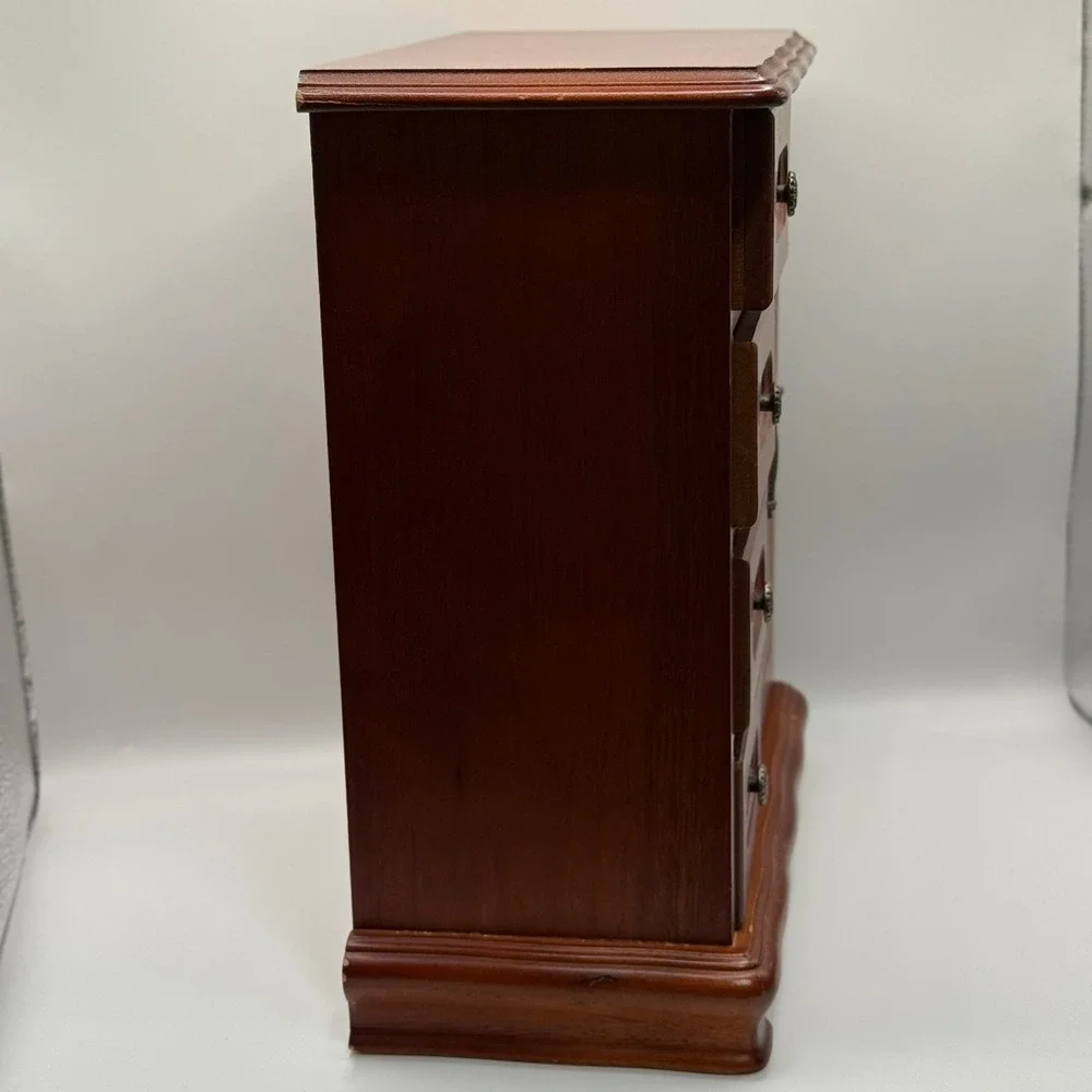 Vintage Wooden Jewelry Armoire Tabletop Chest 4 Drawers Etched Glass Carousel - Picture 11 of 16